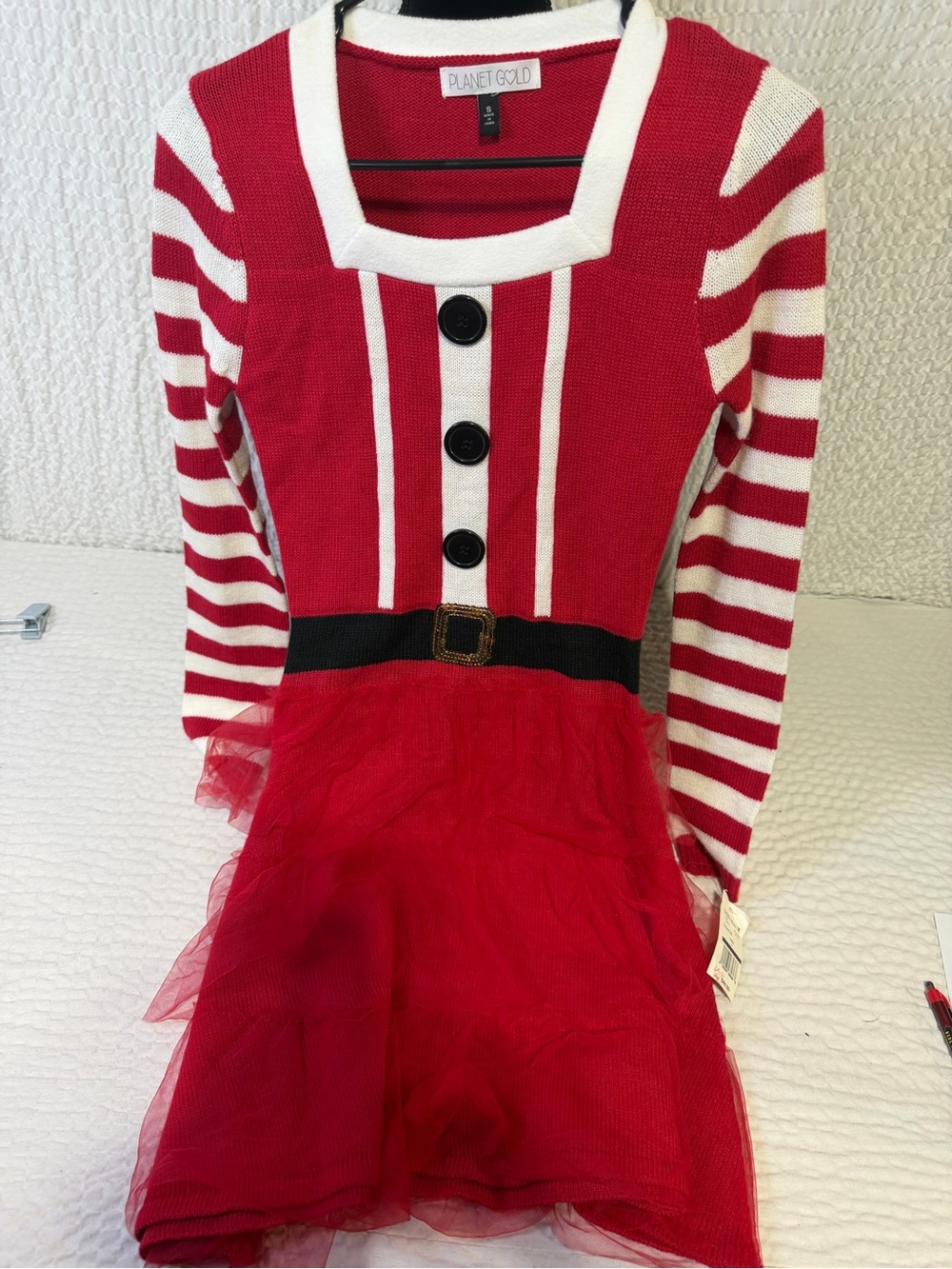 Planet Gold Red and White Striped Holiday Dress with Tulle Skirt